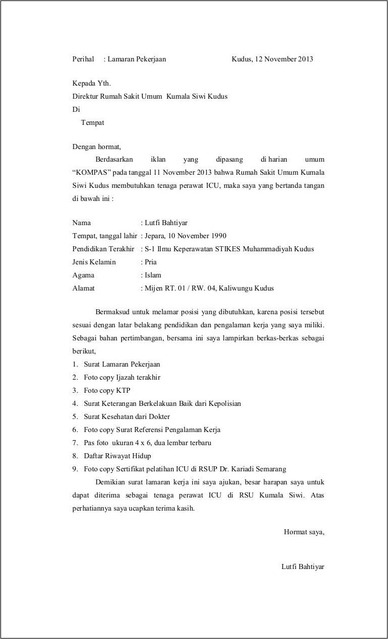 Contoh Surat Lamaran Kerja Perawat Lengkap