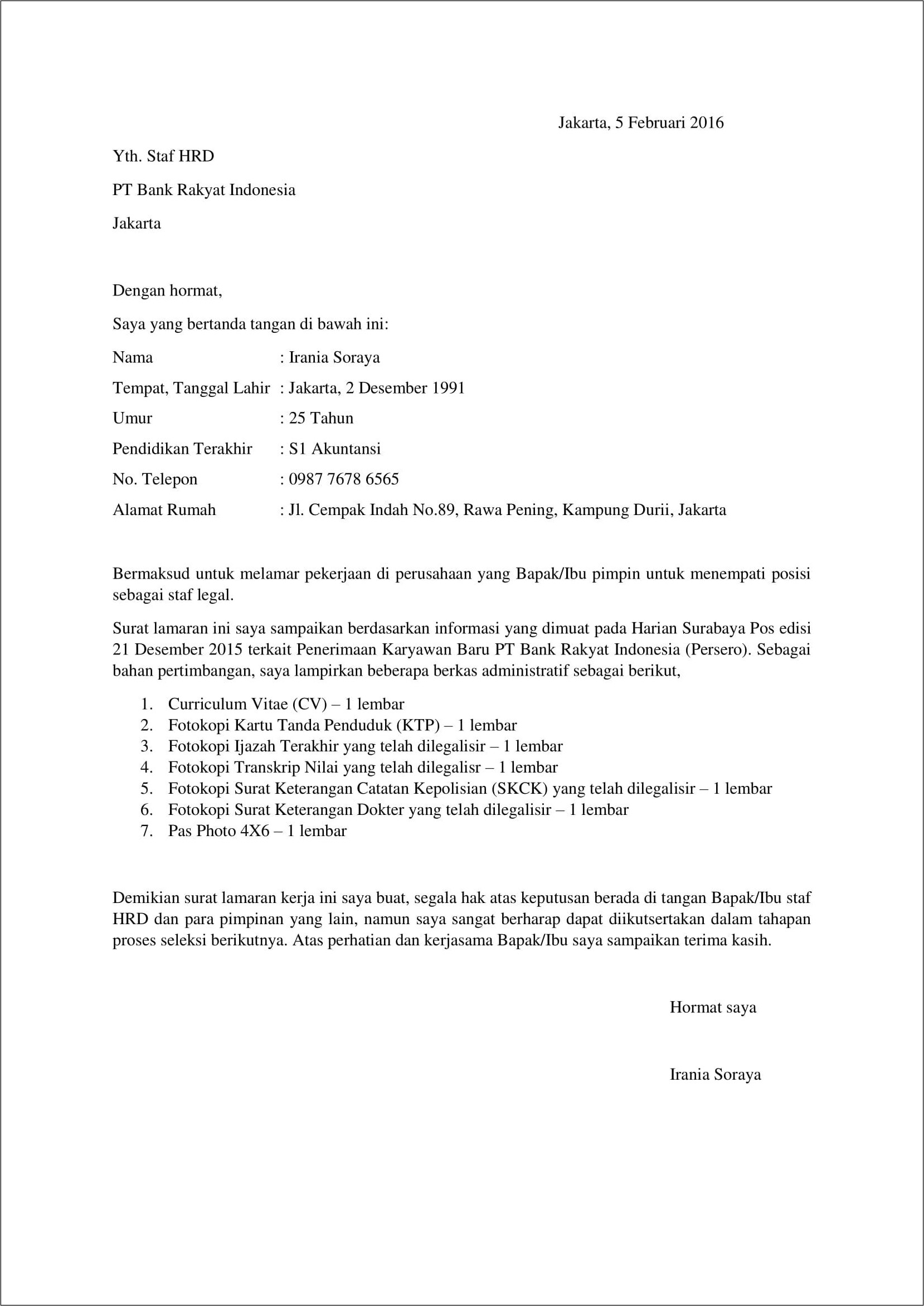 Contoh Surat Lamaran Kerja Perbankan Dalam Bahasa Inggris