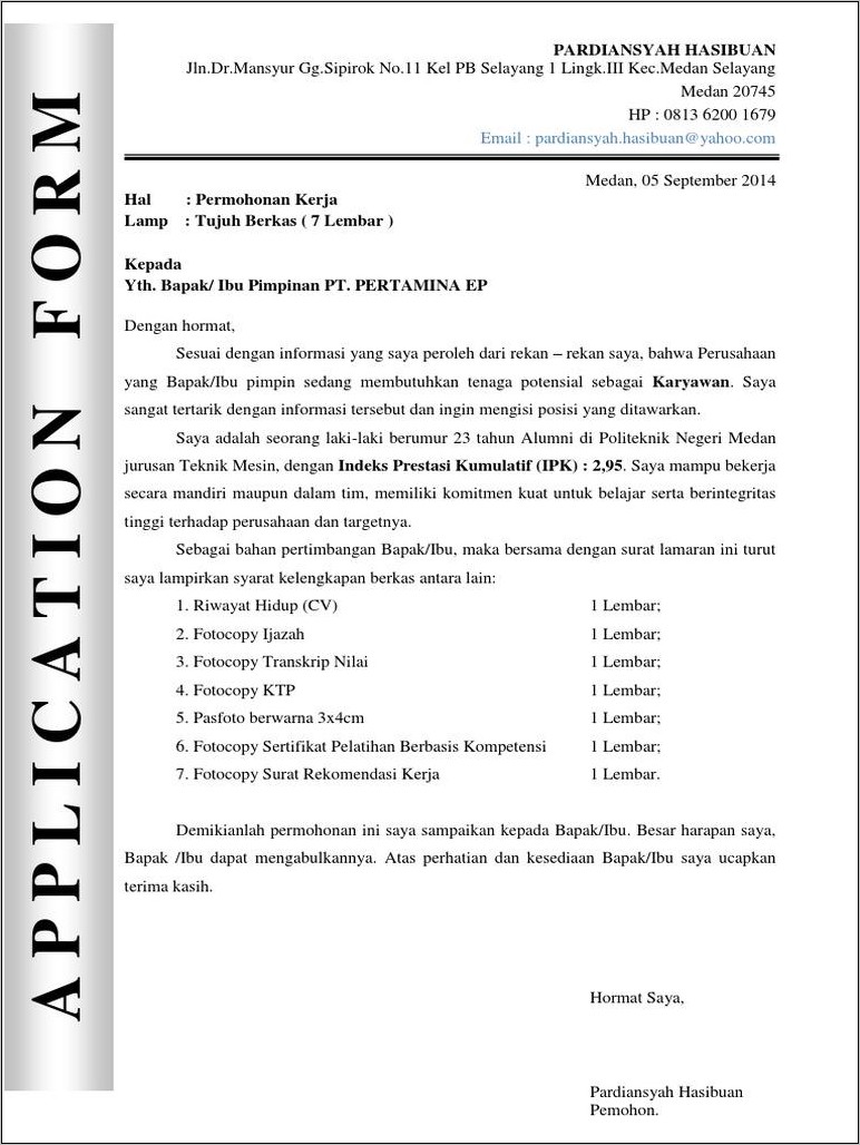 Contoh Surat Lamaran Kerja Pertamina Di Ambom