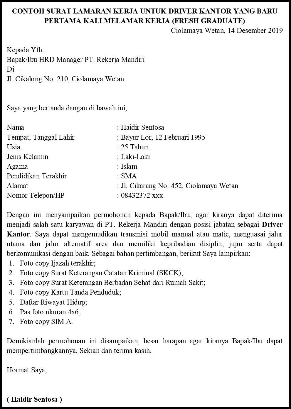 Contoh Surat Lamaran Kerja Perusahan Sebgai Draifer