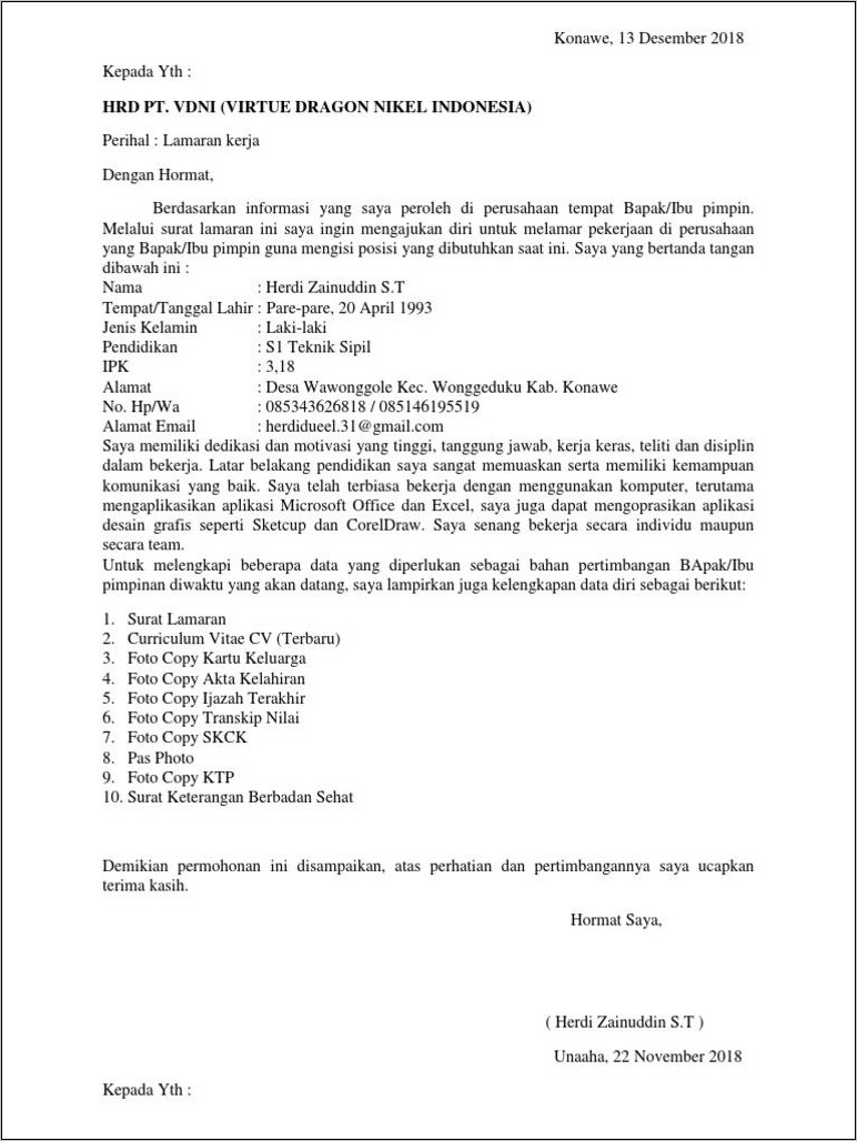 Contoh Surat Lamaran Kerja Perusahan Tambang