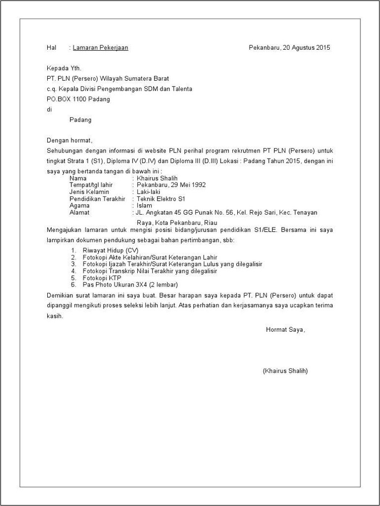 Contoh Surat Lamaran Kerja Pln Tulis Tangan