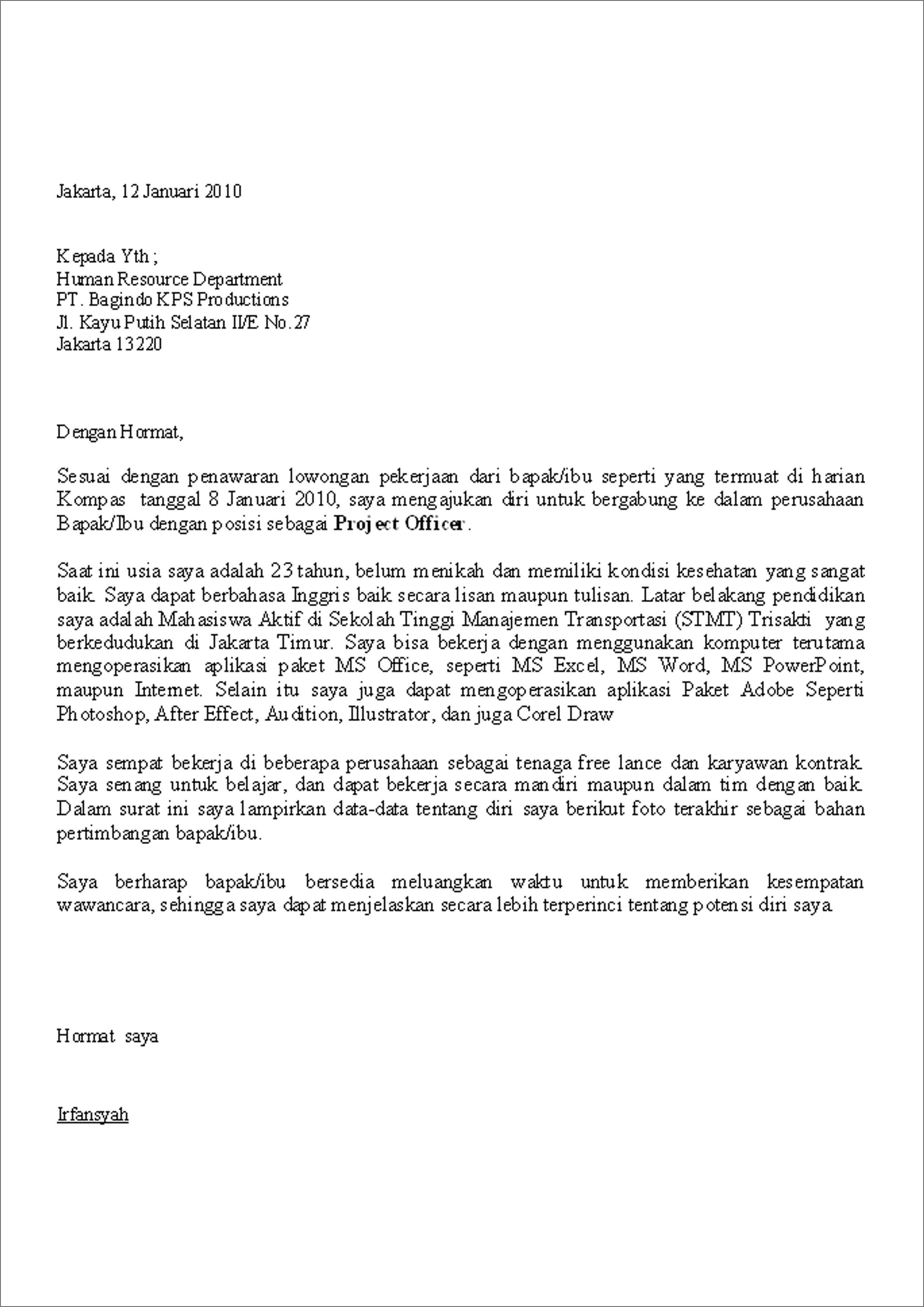 Contoh Surat Lamaran Kerja Posisi K3 Umum Dalam Bahasa Inggris