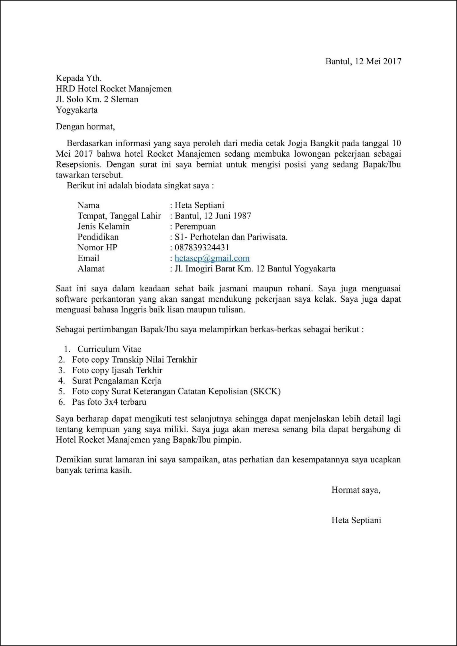 Contoh Surat Lamaran Kerja Posisi Operator Produksi