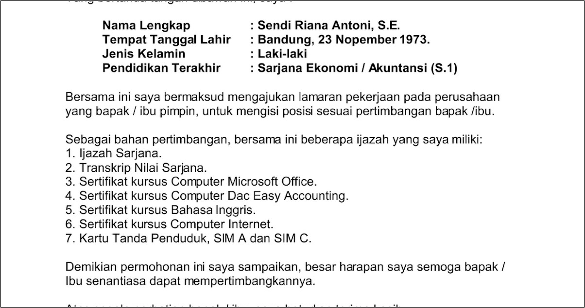 Contoh Surat Lamaran Kerja Ppih
