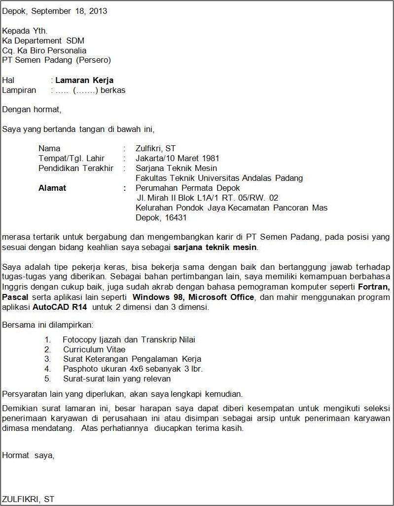 Contoh Surat Lamaran Kerja Proyek Bsp Aceh