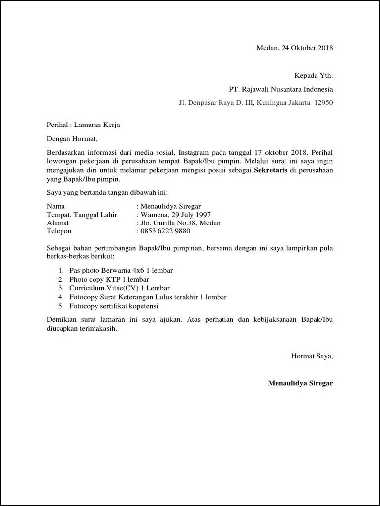 Contoh Surat Lamaran Kerja Pt 2018