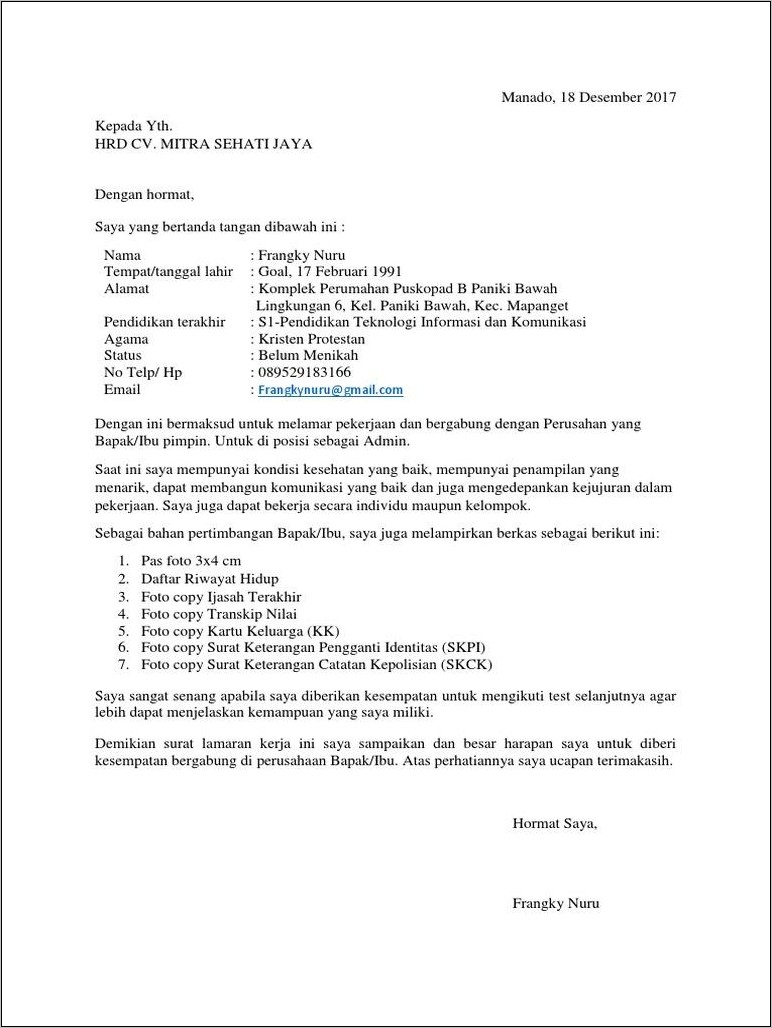 Contoh Surat Lamaran Kerja Pt Adi Satwa