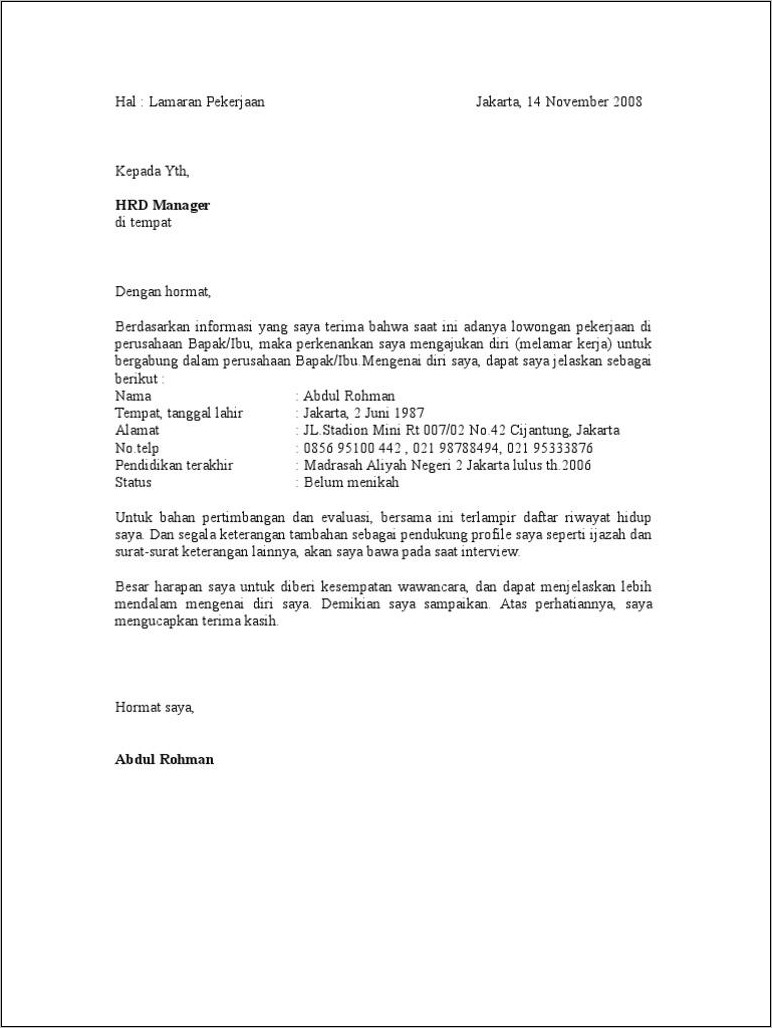 Contoh Surat Lamaran Kerja Pt Cimory
