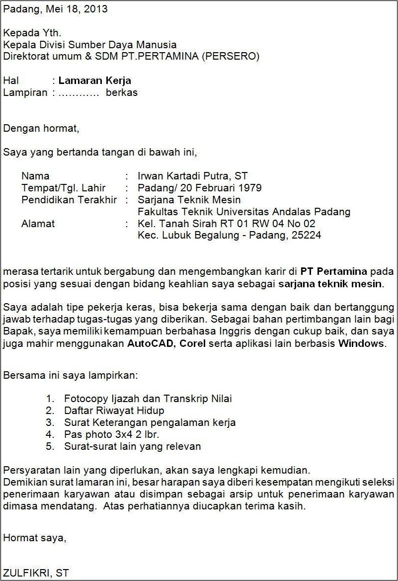 Contoh Surat Lamaran Kerja Pt Hwi