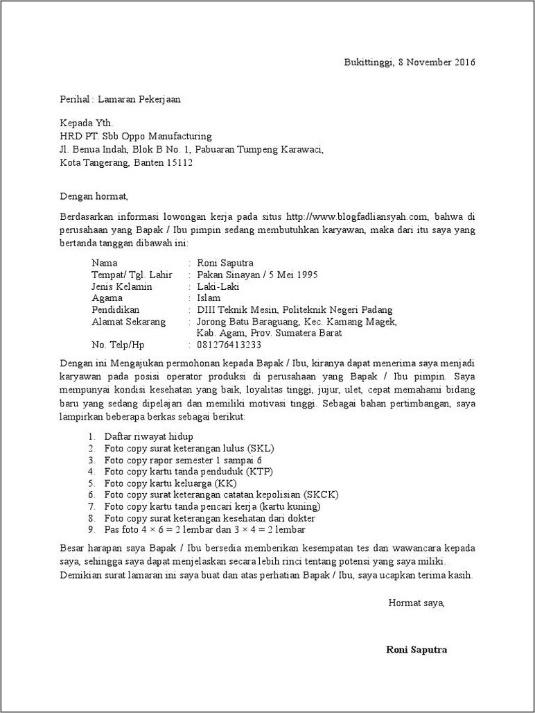 Contoh Surat Lamaran Kerja Pt Kyowa