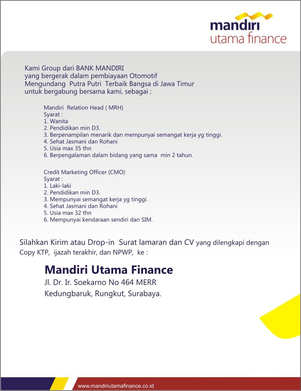 Contoh Surat Lamaran Kerja Pt Mandiri Tunas Finance Word
