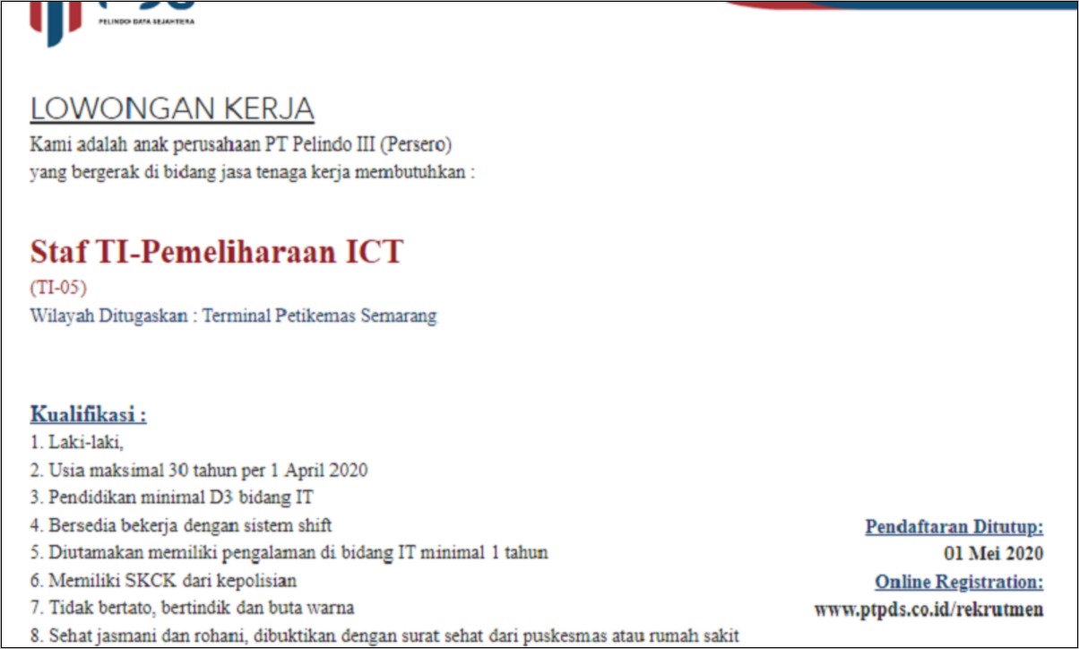 Contoh Surat Lamaran Kerja Pt Pelabuhan Indonesia