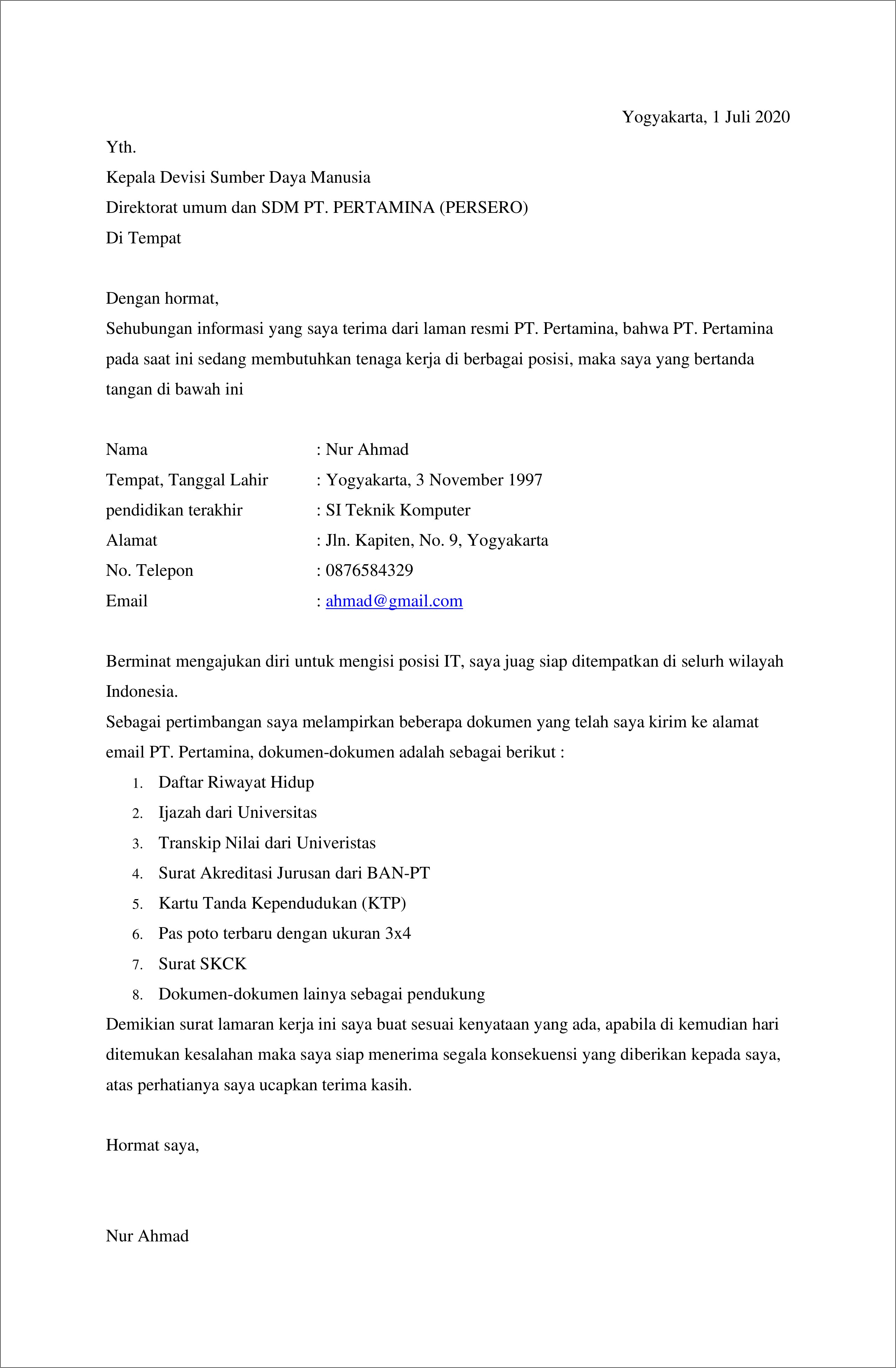 Contoh Surat Lamaran Kerja Pt Pertamina 2018