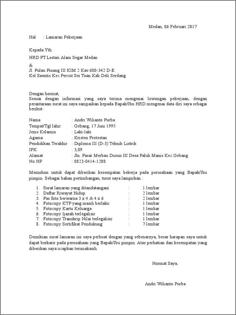 Contoh Surat Lamaran Kerja Pt Psut