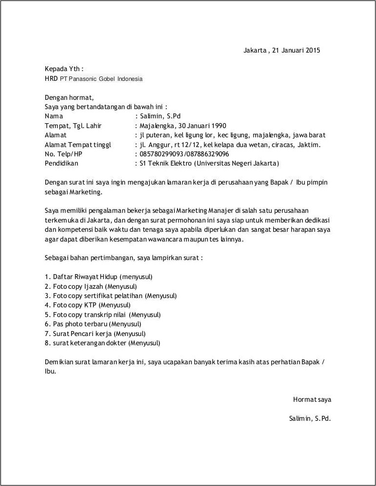 Contoh Surat Lamaran Kerja Pt Tempo