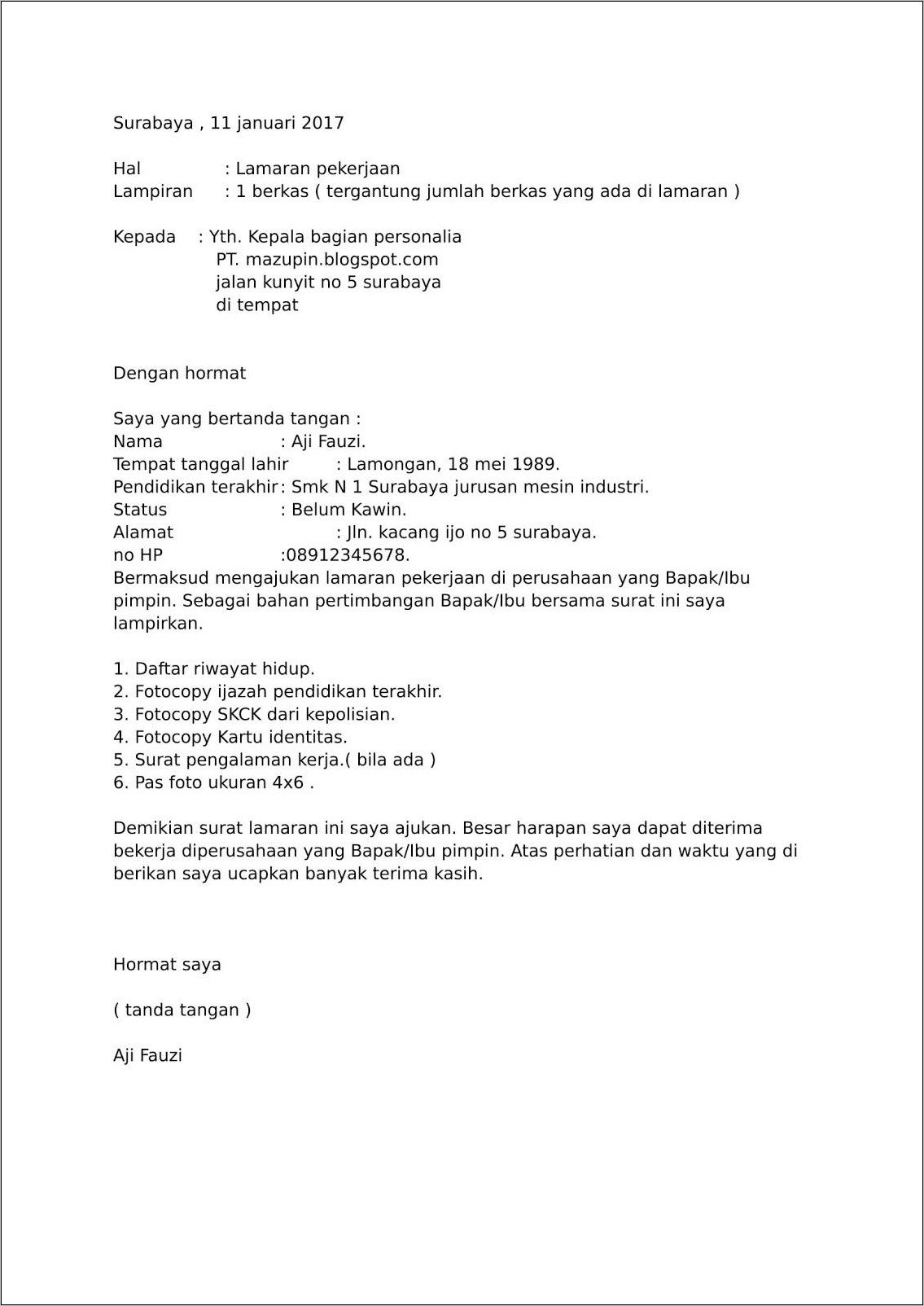 Contoh Surat Lamaran Kerja Pt.fame 2017