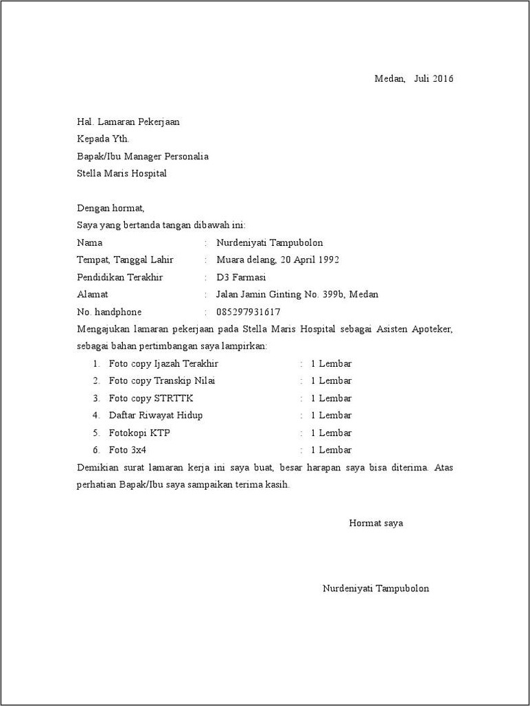 Contoh Surat Lamaran Kerja Ptsp