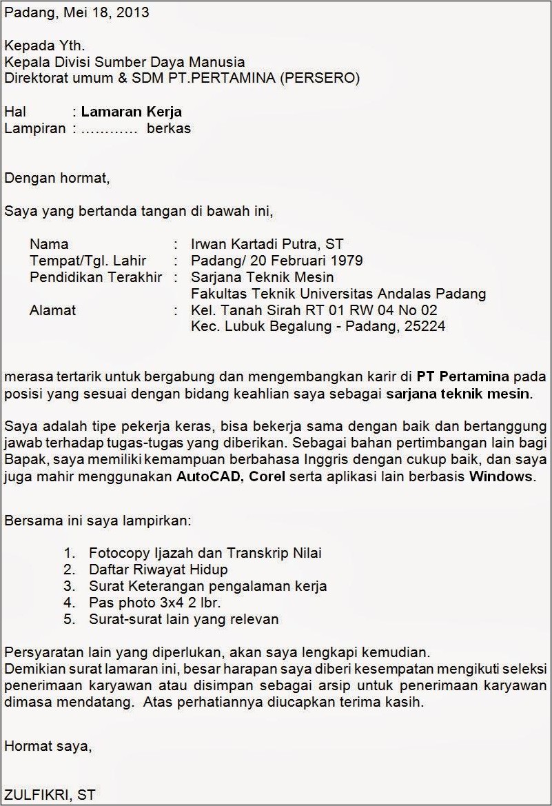 Contoh Surat Lamaran Kerja Resmi Untuk Bumn