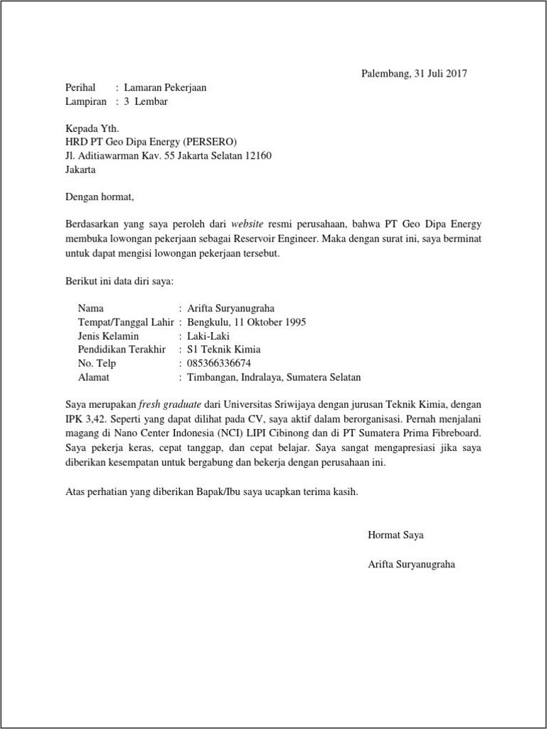 Contoh Surat Lamaran Kerja Rri
