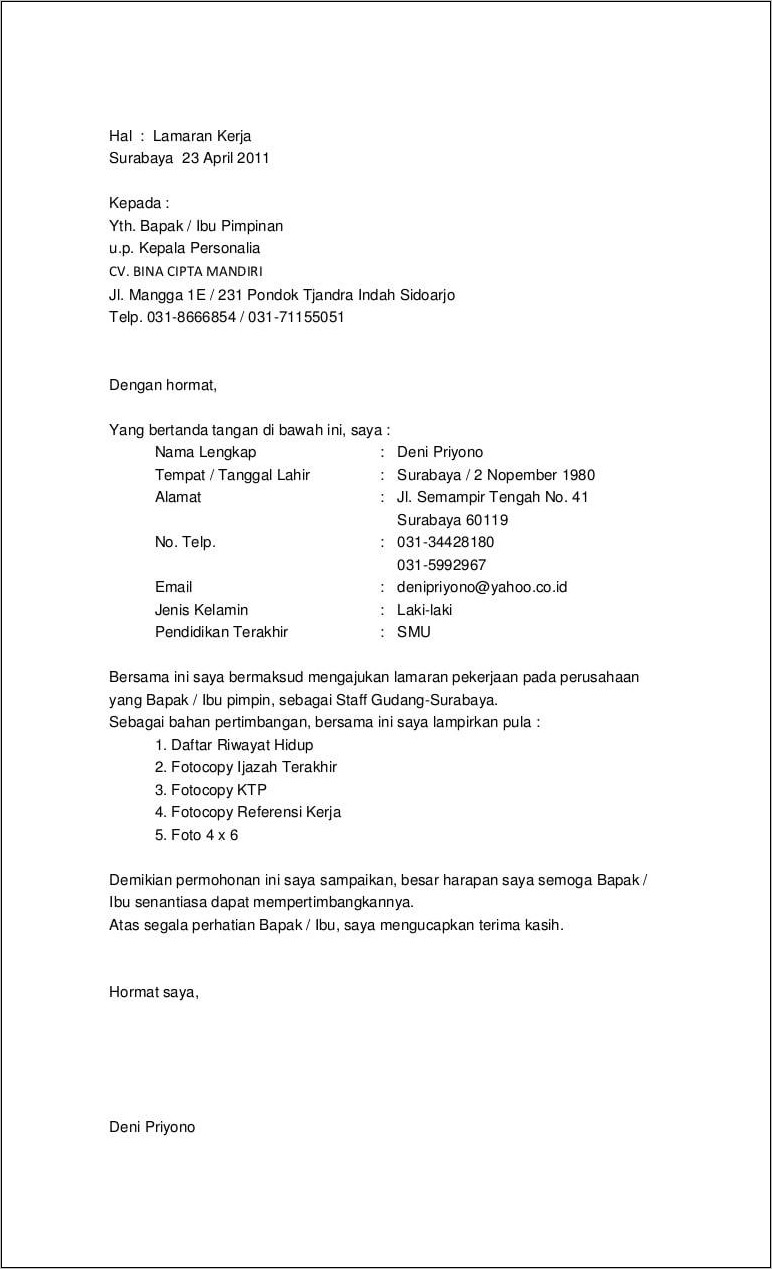 Contoh Surat Lamaran Kerja Sama Riwayat Hidup