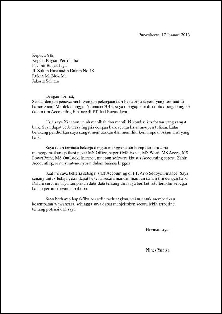 Contoh Surat Lamaran Kerja Sarjana Hukum Dalam Bahasa Inggris