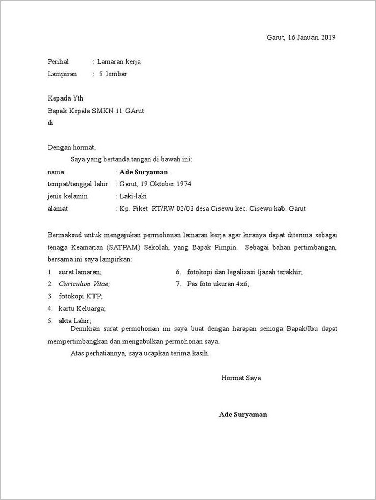 Contoh Surat Lamaran Kerja Satpam Tulis Tangan