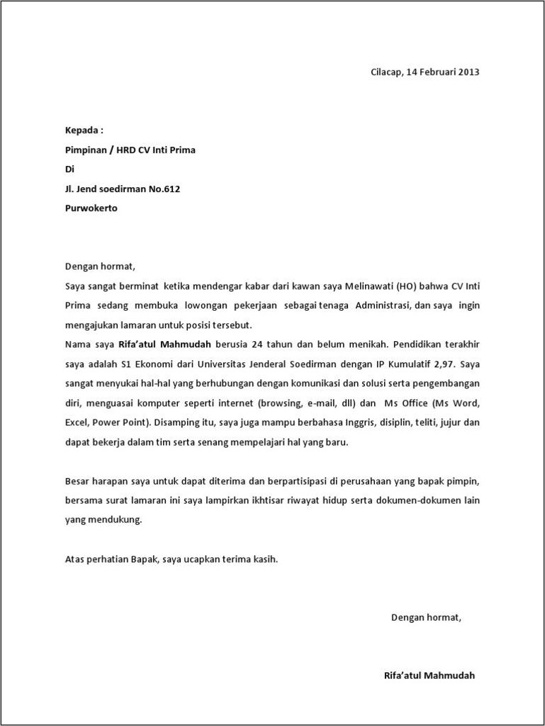 Contoh Surat Lamaran Kerja Sebagai Dosen Stie