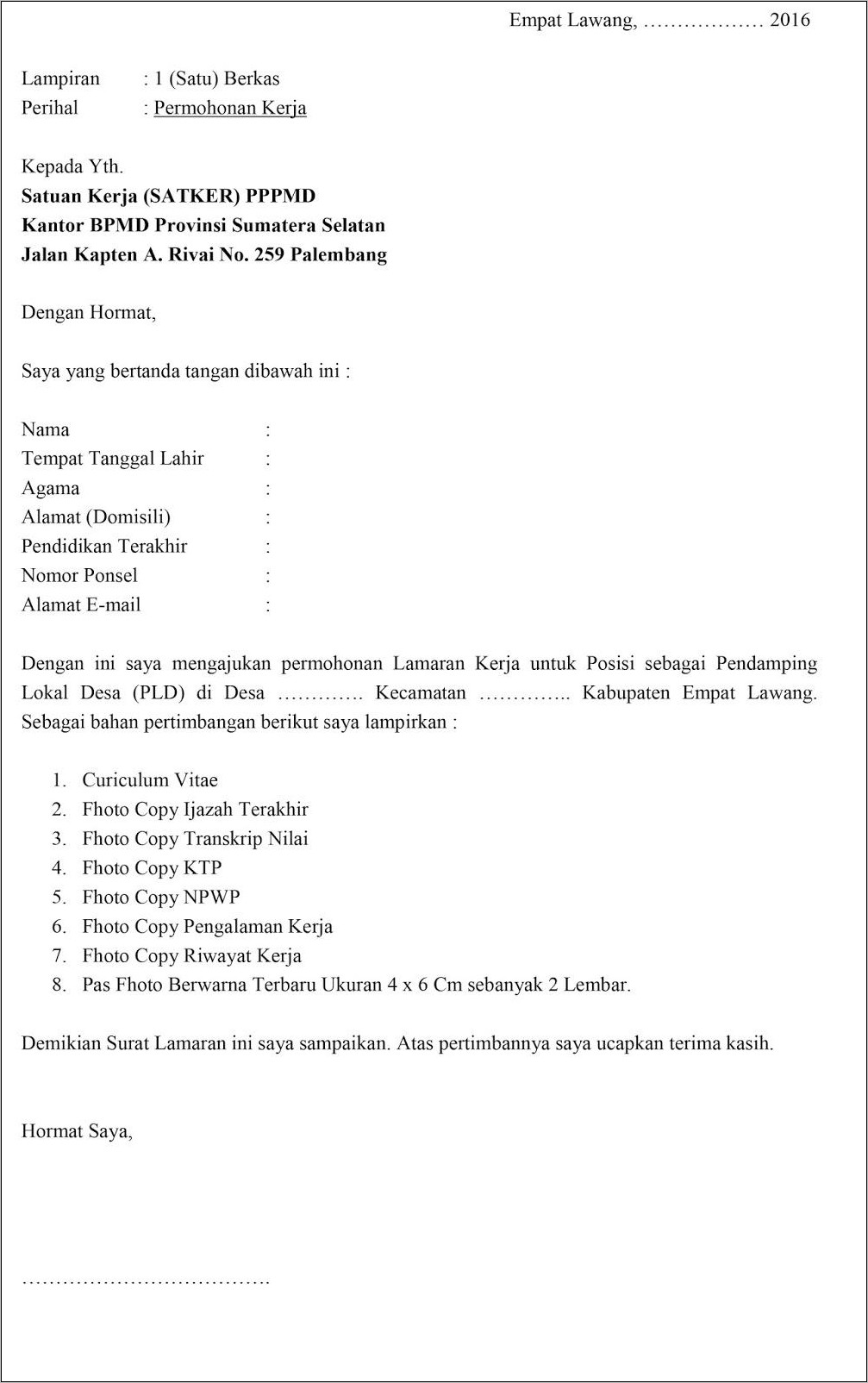 Contoh Surat Lamaran Kerja Sebagai Instruktur Dinas Tenaga Kerja