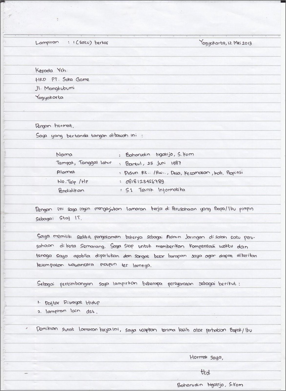 Contoh Surat Lamaran Kerja Sebagai Pns