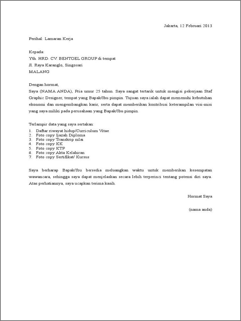 Contoh Surat Lamaran Kerja Sebagai Staff Di Diploma
