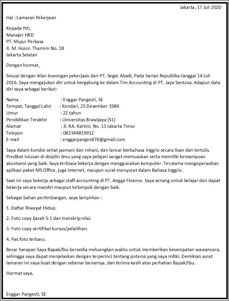 Contoh Surat Lamaran Kerja Sebagai Staff Di Kampus