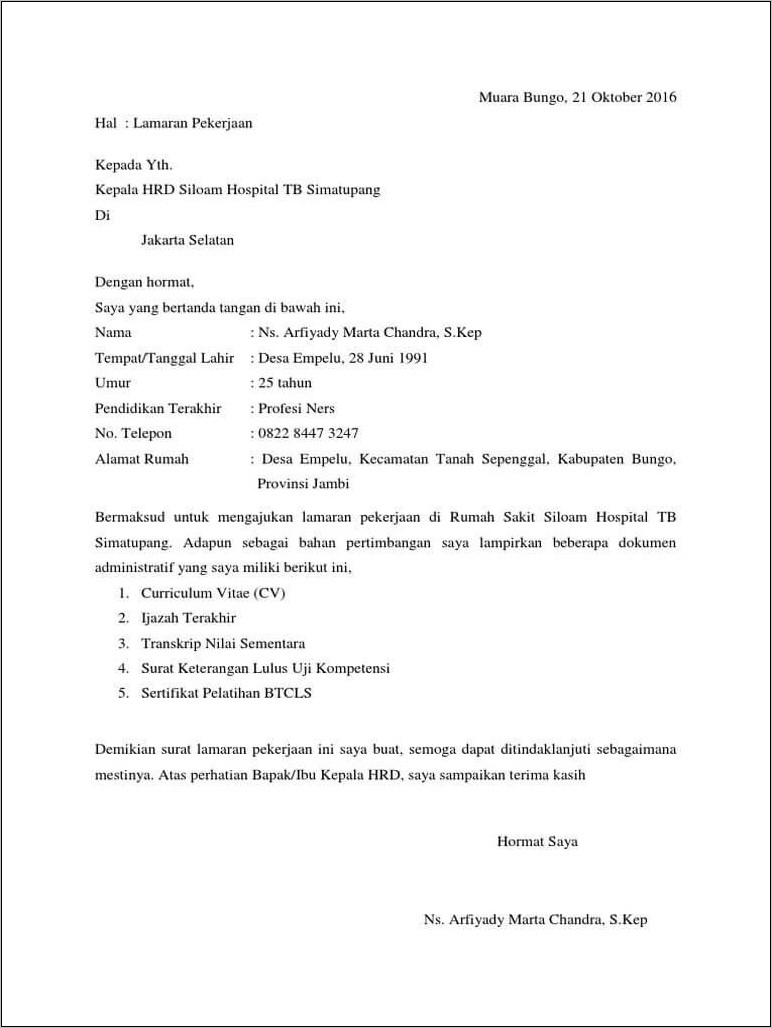 Contoh Surat Lamaran Kerja Sebagai Staff Hrd