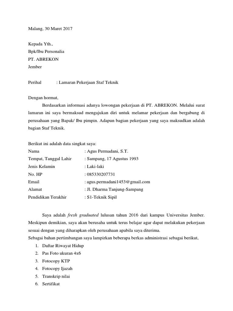 Contoh Surat Lamaran Kerja Singk