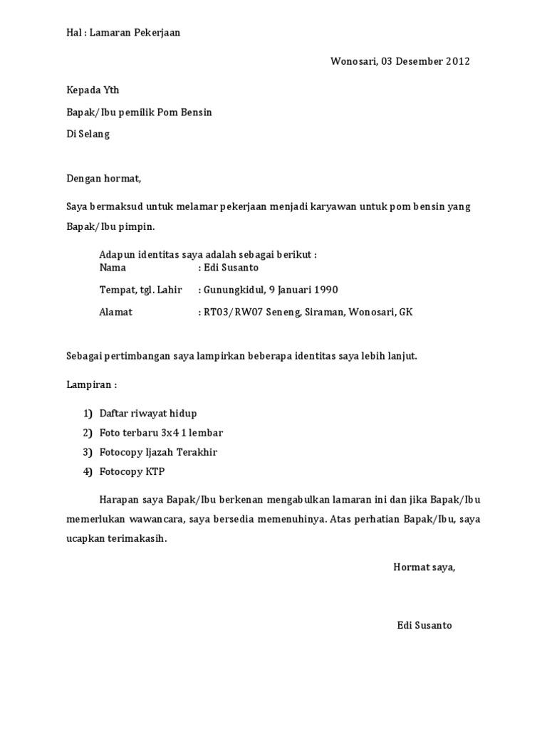 Contoh Surat Lamaran Kerja Spbu Tulis Tangan