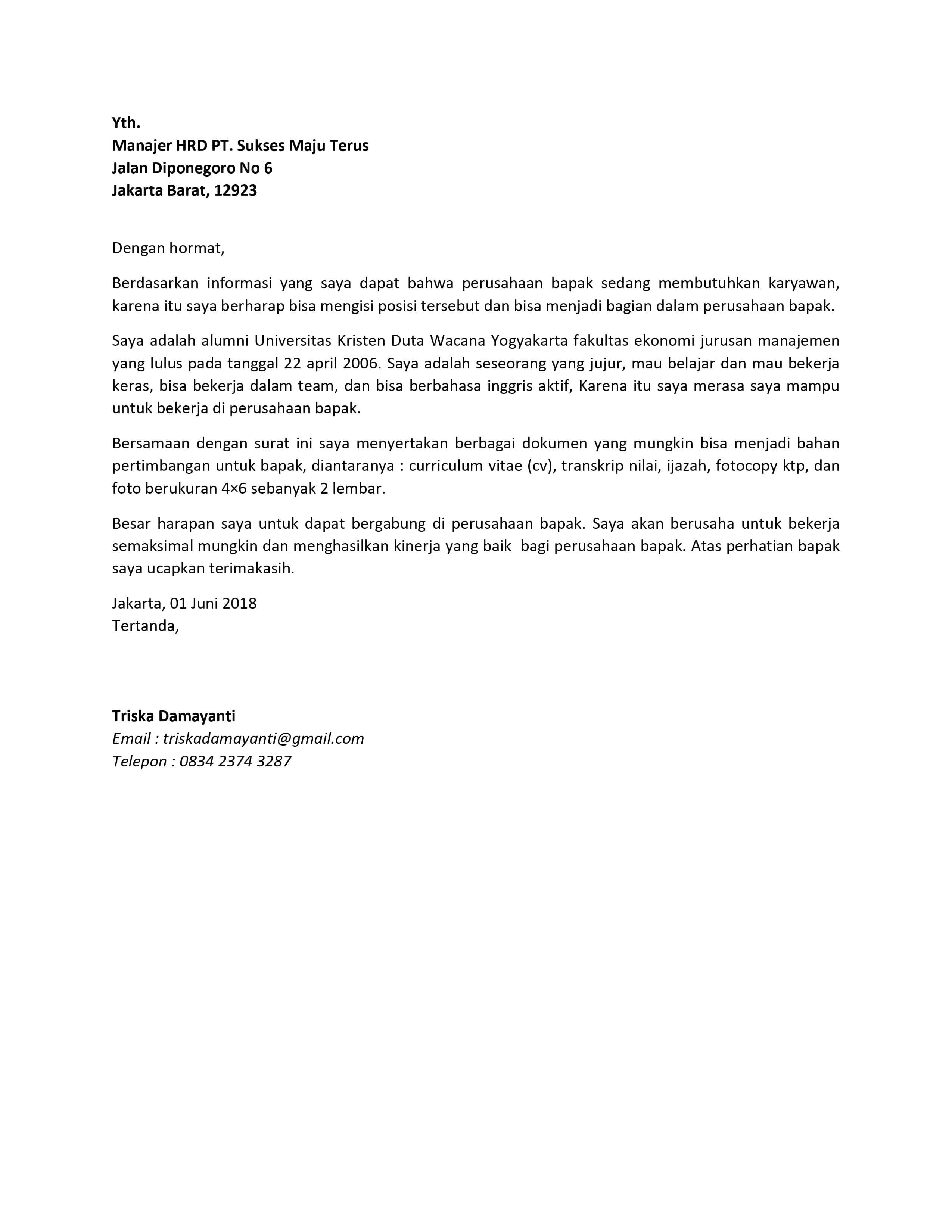 Contoh Surat Lamaran Kerja Tanpa Perusahaan Yang Dituju