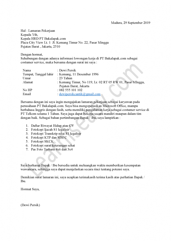 Contoh Surat Lamaran Kerja Terbaru 2019 Pdf