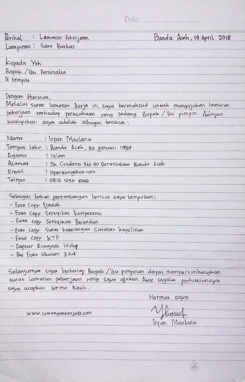 Contoh Surat Lamaran Kerja Tulis Tangan Di Klinik