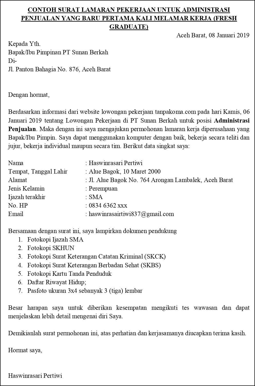 Contoh Surat Lamaran Kerja Untuk Fresh Graduates