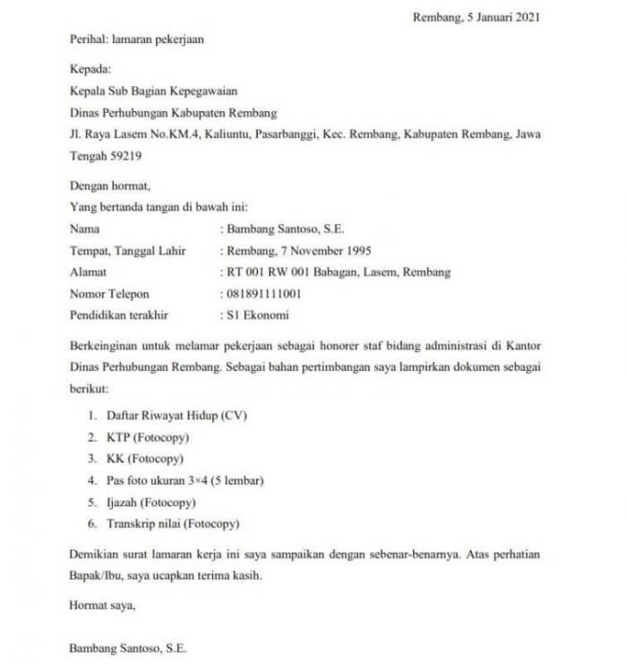 Contoh Surat Lamaran Kerja Untuk Kepala Dinas