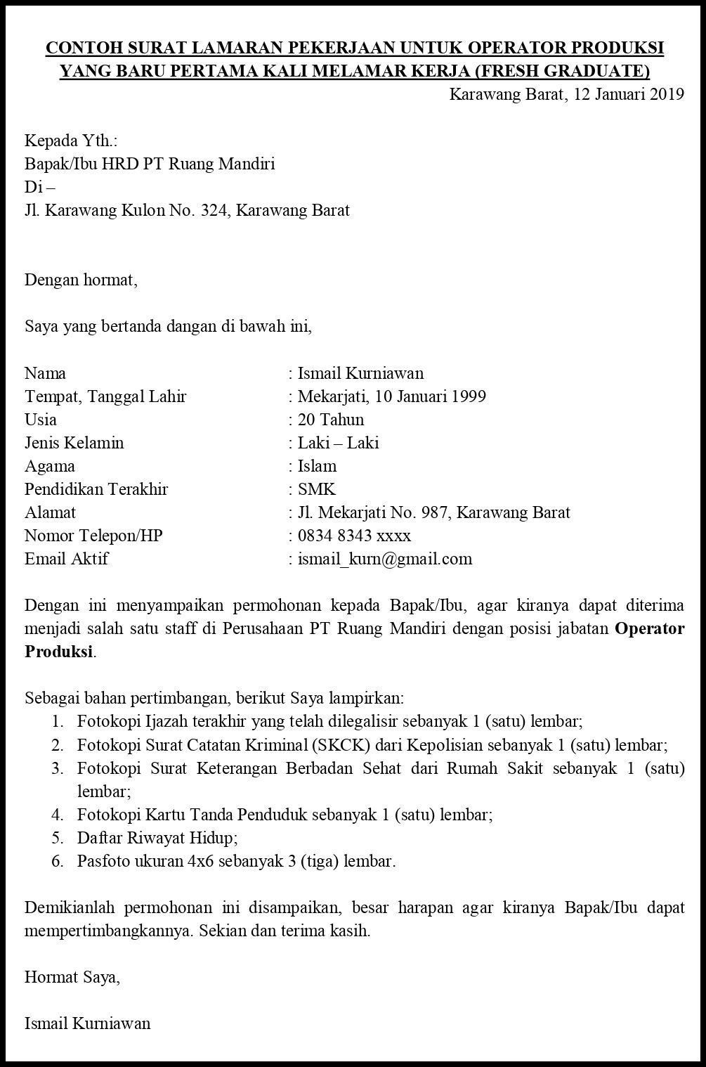 Contoh Surat Lamaran Kerja Untuk Lulusan Baru