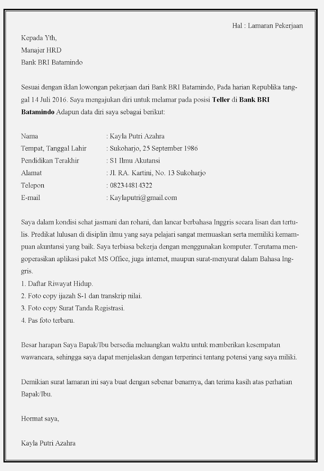 Contoh Surat Lamaran Kerja Untuk Menjadi Ob
