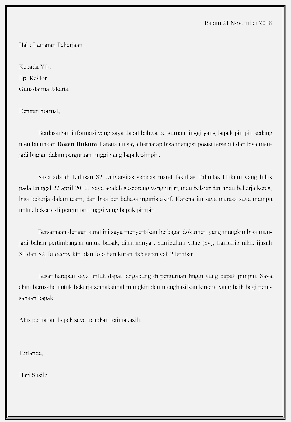 Contoh Surat Lamaran Kerja Untuk Perguruan Tinggi