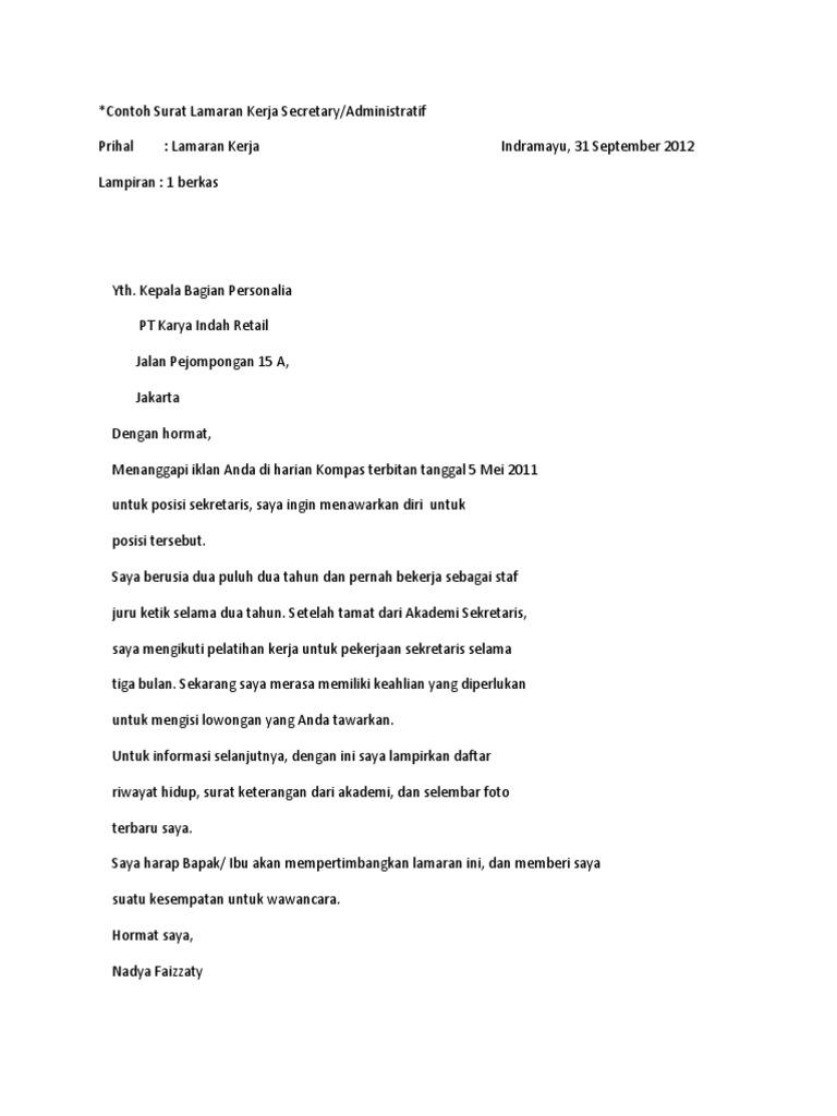 Contoh Surat Lamaran Kerja Untuk Sekretaris Dalam Bahasa Inggris