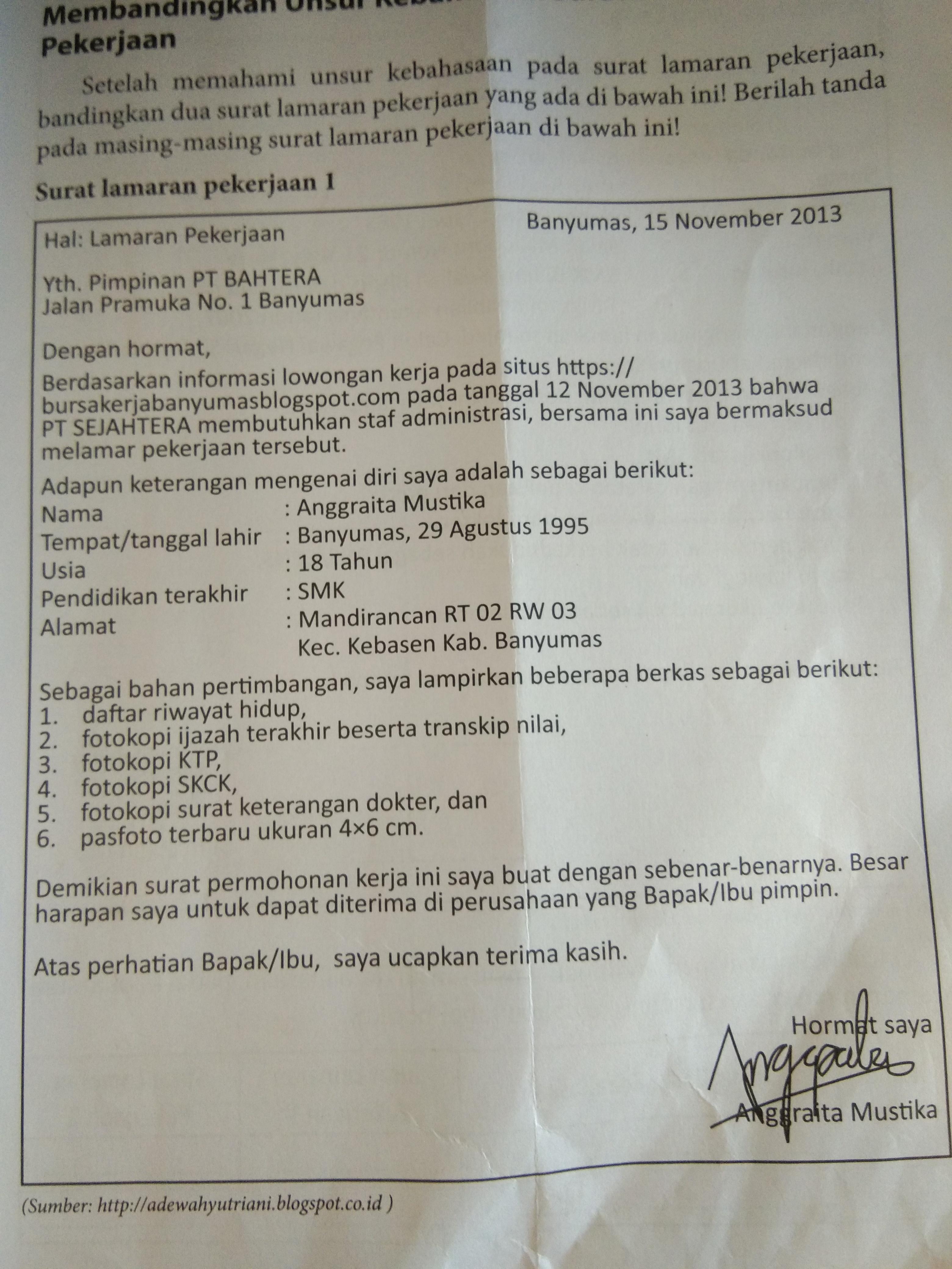 Contoh Surat Lamaran Kerja Yang Ada Sumber Ny