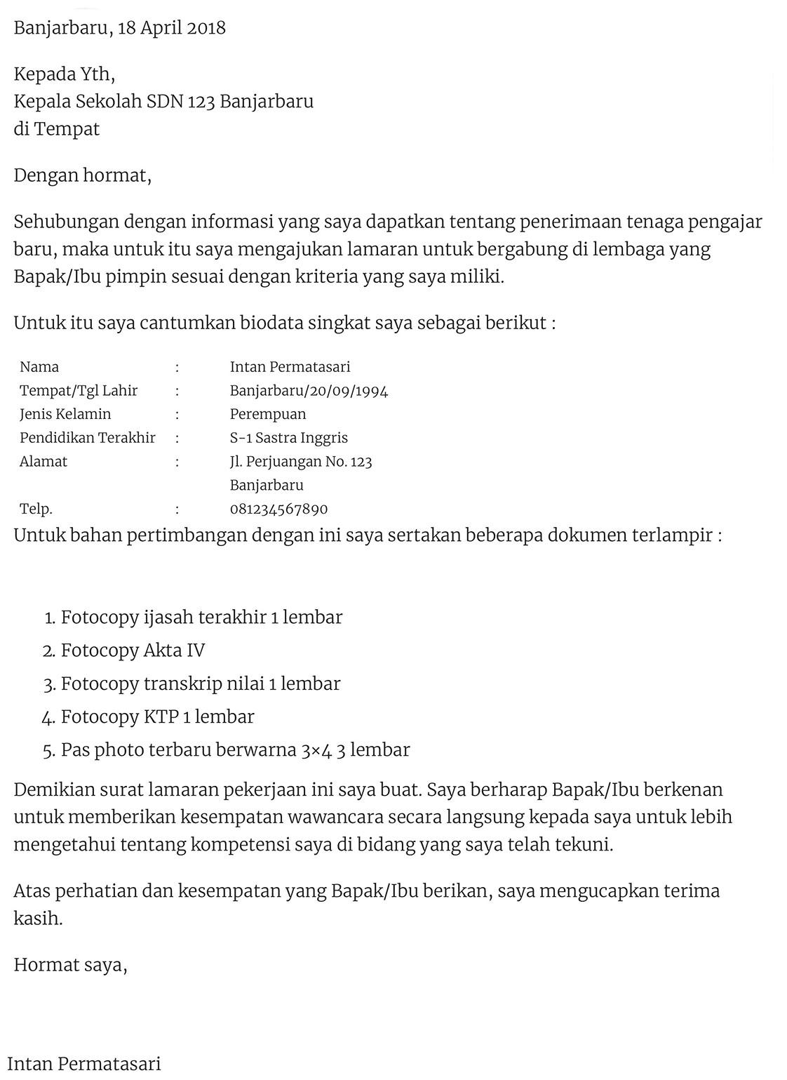 Contoh Surat Lamaran Kerja Yang Bagus Dan Sopan