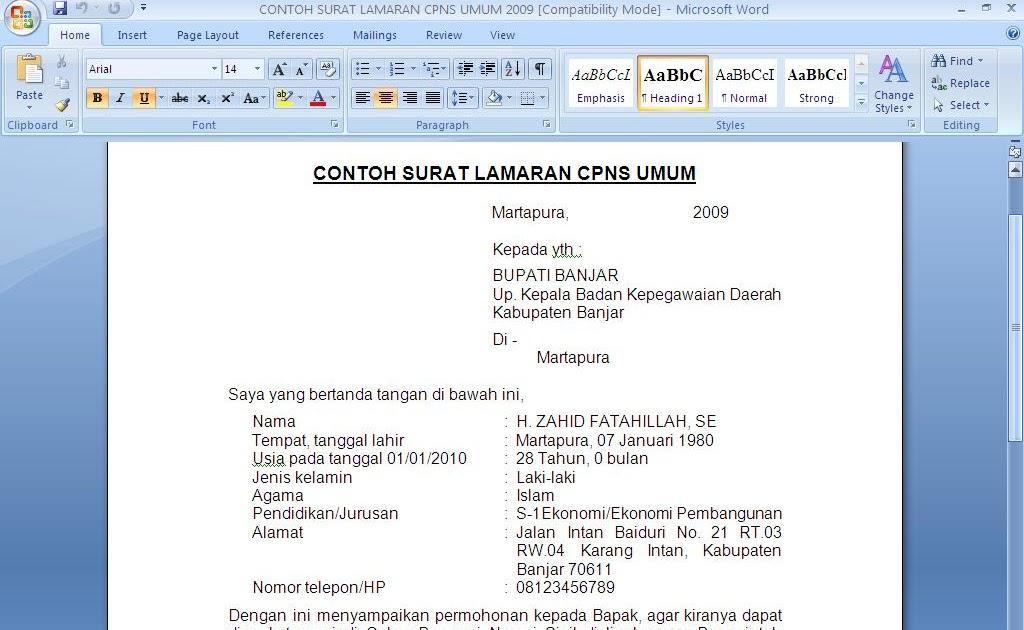 Contoh Surat Lamaran Kerja Yang Baik Dan Benar Ms Word