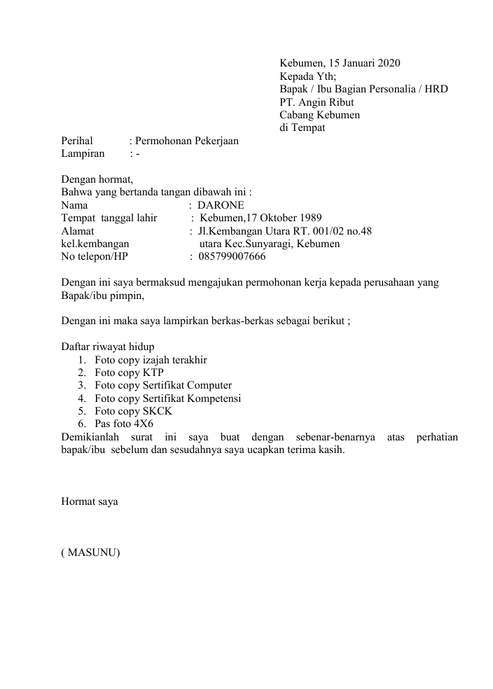 Contoh Surat Lamaran Kerja Yg Benar Dan Menarik