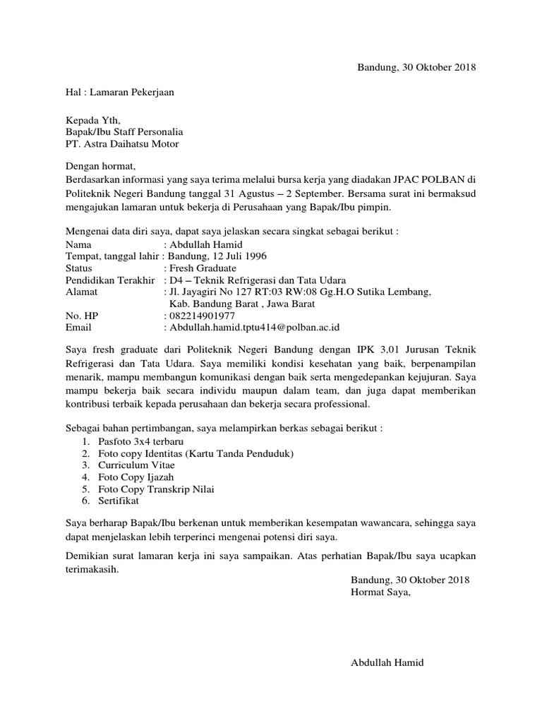 Contoh Surat Lamaran Kerjanteh Poci
