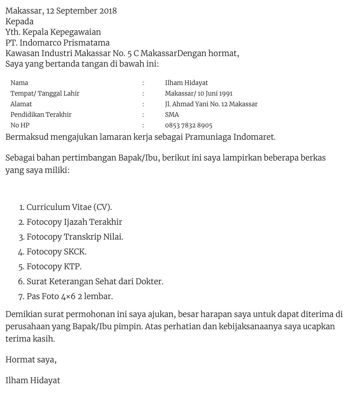 Contoh Surat Lamaran Kkerja Untuk Sma